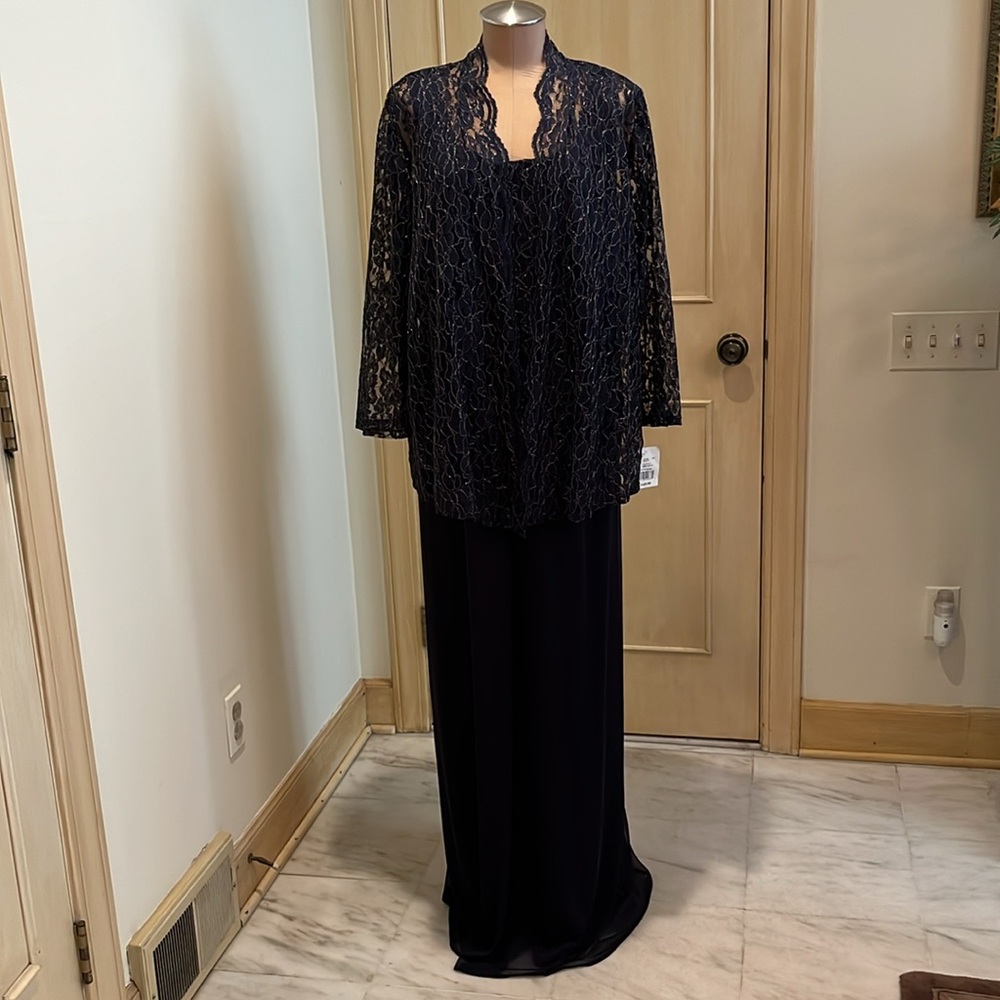 ONYX NITE NWT Mother of Bride Event 2PC Lace/Chiffon Navy/Gold Metallic Gown 20W